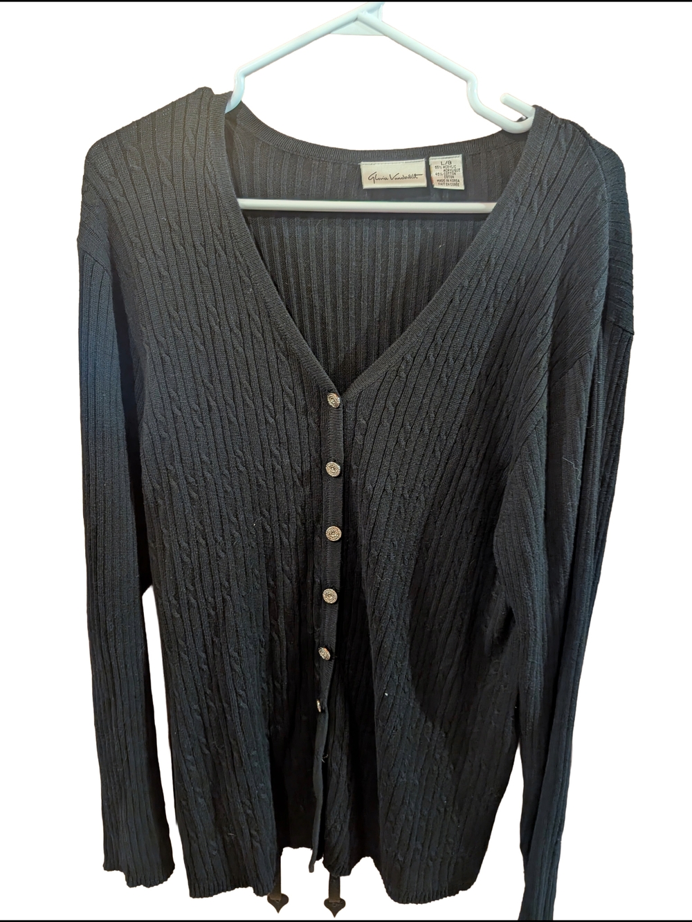 Gloria Vanderbilt Black Ribbed V-Neck Button Cardigan
